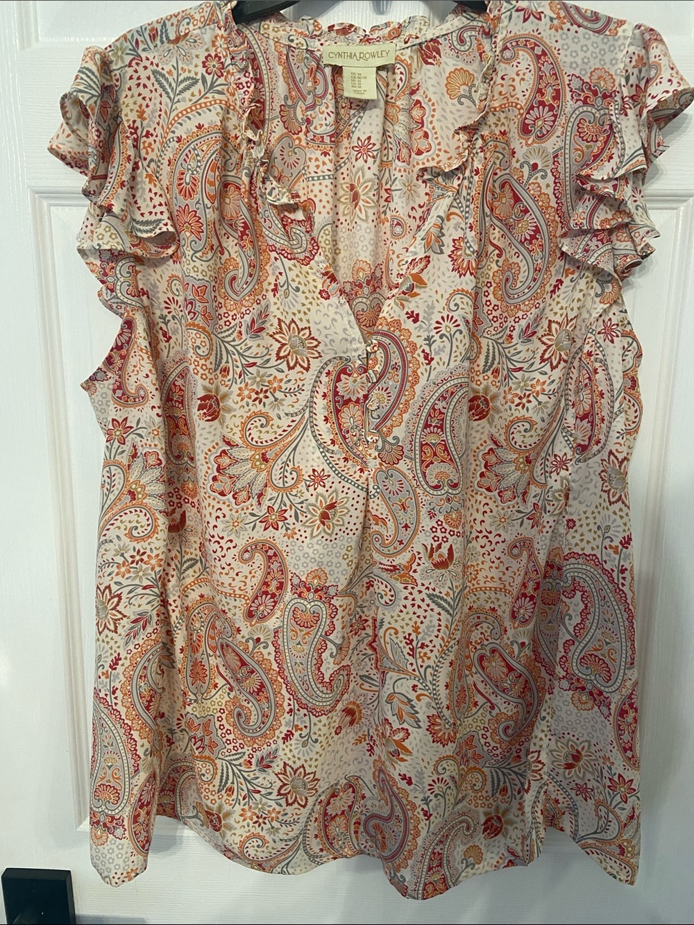 Cynthia Rowley Paisley Ruffle Sleeve Blouse in Cream, Red and Orange